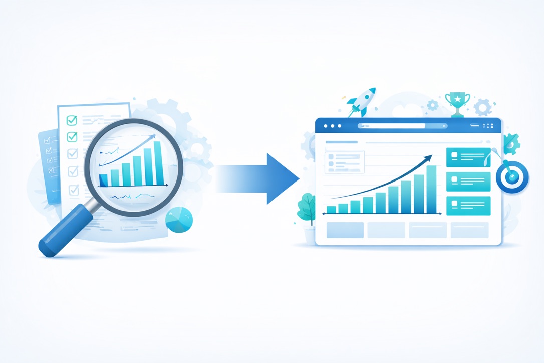 Eine illustrative Grafik in Blautönen, die den Prozess der Datenanalyse zeigt: Links fokussiert eine Lupe ein Balkendiagramm auf einem Papierdokument; ein blauer Pfeil weist nach rechts auf ein digitales Dashboard, das dasselbe Diagramm als Erfolgskurve darstellt, umgeben von Symbolen wie einer Rakete, einem Pokal und einer Zielscheibe.