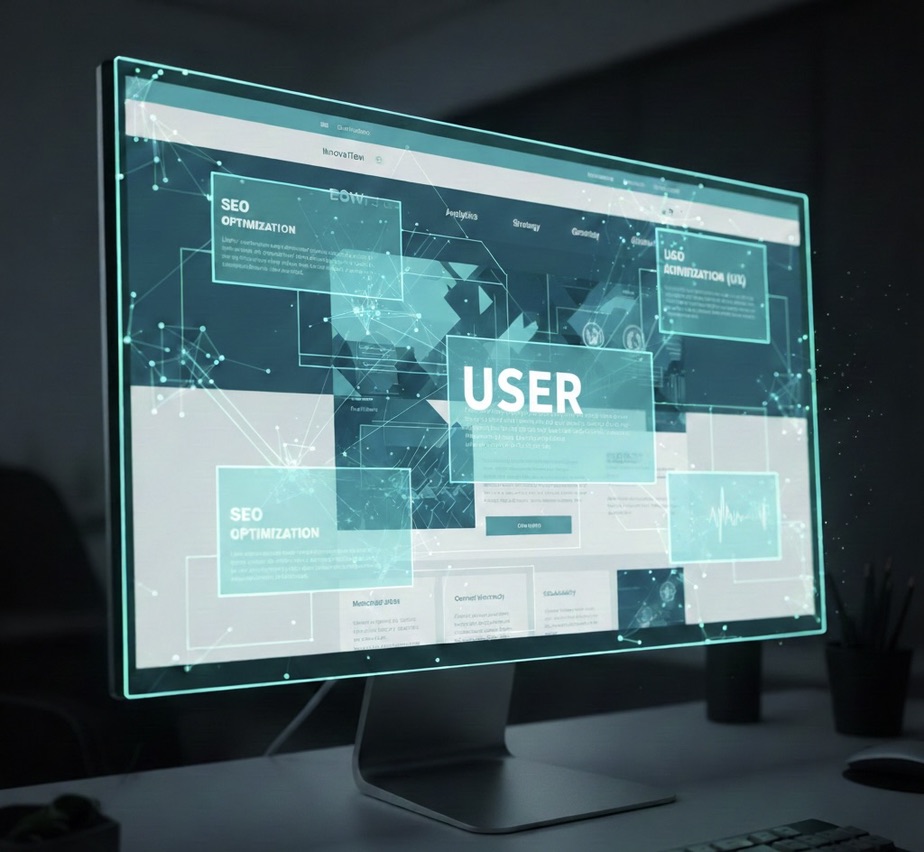 Eine perspektivische Nahaufnahme eines modernen Computerbildschirms in einem dunklen Raum. Auf dem Monitor ist ein abstraktes Interface zu sehen, das mit leuchtend türkisfarbenen Linien und Datenpunkten überlagert ist. Zentral und groß hervorgehoben steht das Wort „USER“ in einem hellen Kasten. Weitere eingeblendete Boxen zeigen Begriffe wie „SEO OPTIMIZATION“ und grafische Analysen.