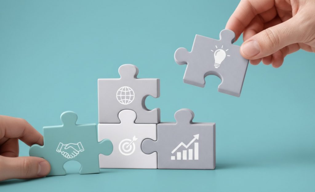 Eine Nahaufnahme von Händen, die große Puzzleteile auf einem türkisfarbenen Hintergrund zusammensetzen. Die grauen, weißen und mintgrünen Puzzleteile sind mit weißen Business-Symbolen versehen: Händeschütteln (Partnerschaft), Zielscheibe (Strategie), Weltkugel (Globalität), steigender Graph (Wachstum) und eine Glühbirne (Innovation), die gerade als abschließendes Teil oben eingefügt wird.