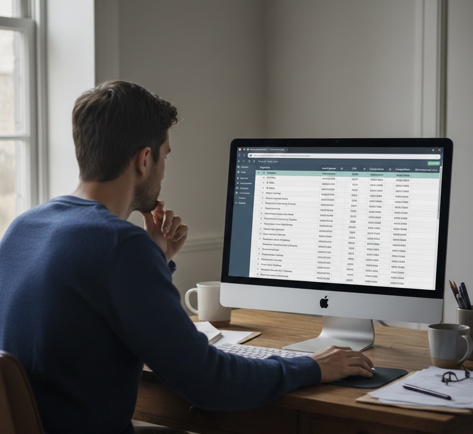 Rückansicht eines Mannes, der konzentriert an einem Schreibtisch sitzt und auf einen großen Computerbildschirm blickt. Auf dem Monitor ist eine detaillierte Tabelle oder Datenbank mit zahlreichen Zeilen und Spalten zu sehen. Der Mann hält eine Hand nachdenklich am Kinn, während die andere die Computermaus bedient. Die Szene ist in einem hellen, minimalistisch eingerichteten Raum am Fenster angesiedelt und vermittelt eine Atmosphäre von fokussierter Datenanalyse oder Recherche.