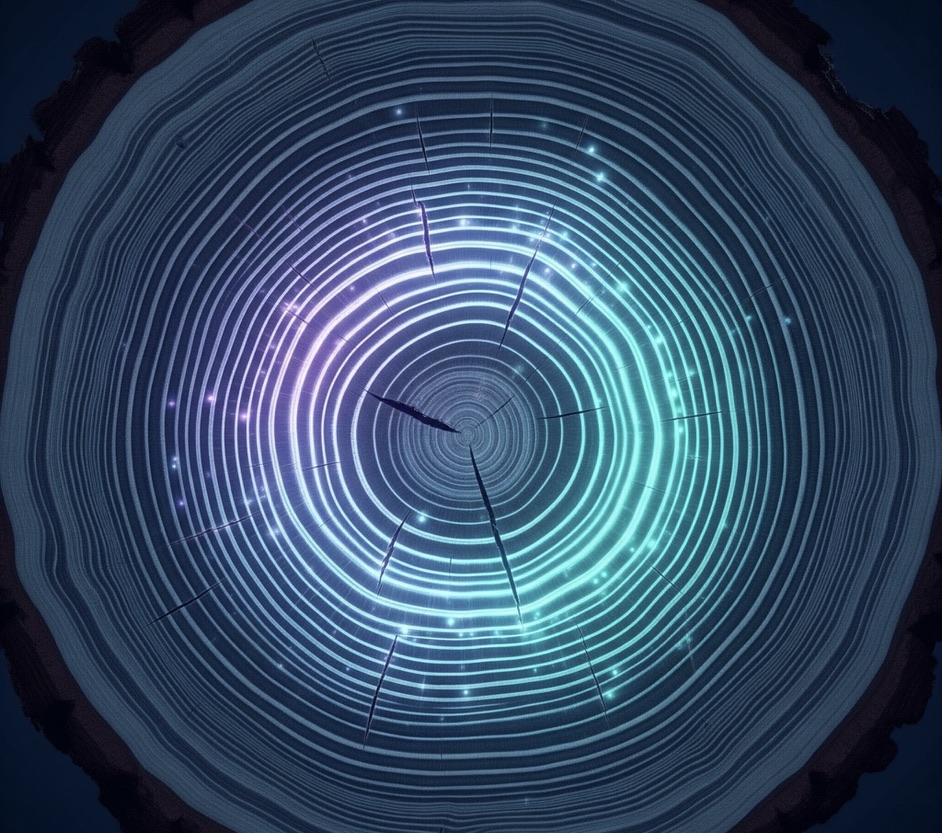 Eine stilisierte Draufsicht auf den Querschnitt eines Baumstamms, dessen Jahresringe als feine, konzentrische Kreise dargestellt sind. Das Zentrum der Baumscheibe leuchtet in pulsierenden türkisfarbenen und violetten Neonfarben, wobei kleine Lichtpunkte wie digitale Daten entlang der Ringe glimmen.