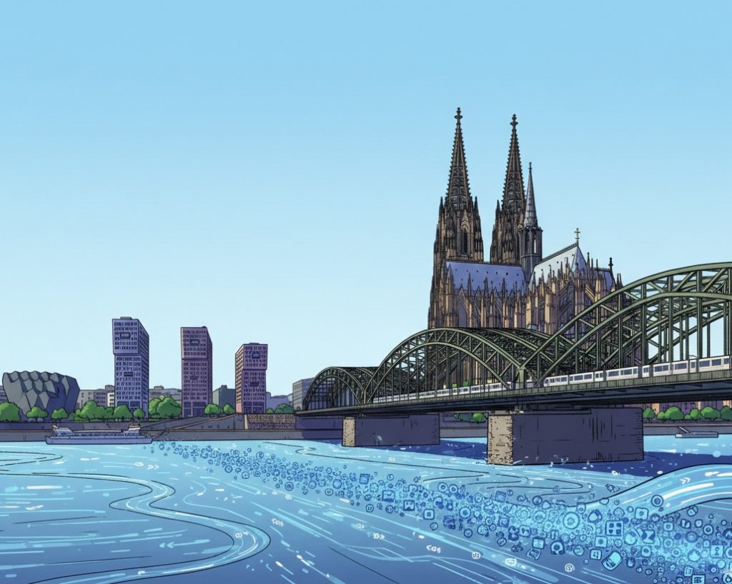 Eine illustrative Grafik im Comic-Stil, die das Panorama von Köln am Rhein zeigt. Im Zentrum stehen der Kölner Dom und die Hohenzollernbrücke, auf der ein Zug fährt. Im Hintergrund sind die markanten Kranhäuser im Rheinauhafen zu sehen. Das Besondere: Der tiefblaue Rhein im Vordergrund besteht aus einem Strom von unzähligen kleinen digitalen Icons und Symbolen, die wie Wellen fließen und eine Verbindung zwischen Tradition und Digitalisierung symbolisieren.