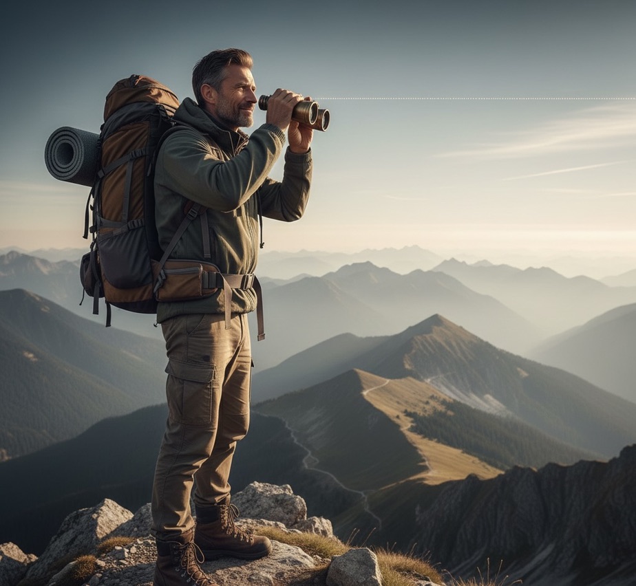 Ein Mann in Outdoor-Kleidung steht im Profil auf einer Bergspitze. Er trägt einen braunen Trekkingrucksack mit Isomatte und schaut durch ein Fernglas. Im Hintergrund erstreckt sich eine endlose Kette von Berggipfeln unter einem klaren, hellen Himmel. 