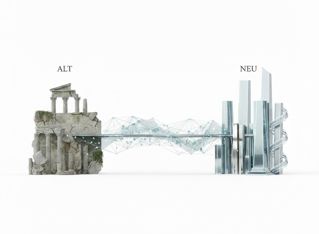 „Digitale Brücke zwischen Antike und Moderne: Eine Netzwerk-Struktur verbindet eine steinerne Ruine (ALT) mit einer futuristischen Skyline (NEU) vor weißem Hintergrund.“