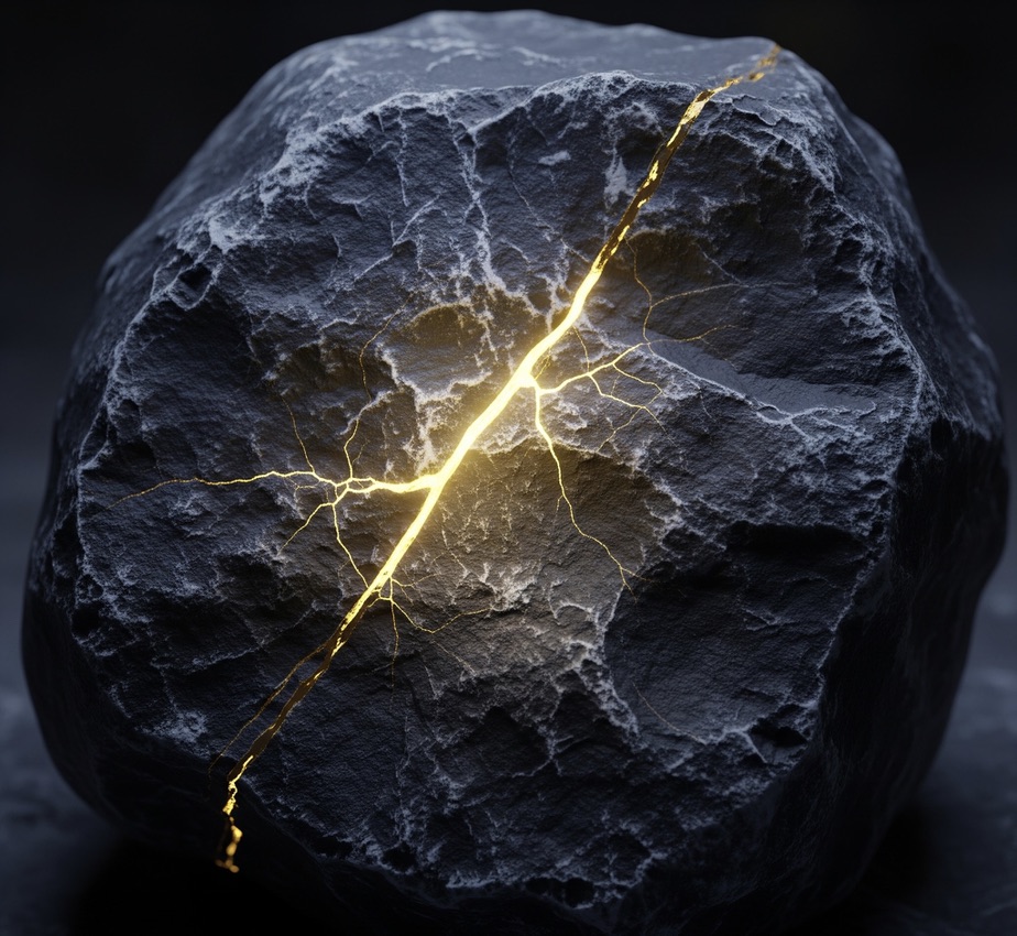 Eine Nahaufnahme eines großen, rauen dunkelgrauen Steins vor einem schwarzen Hintergrund. Der Stein weist einen markanten, tiefen Riss auf, der mit glänzendem, flüssig wirkendem Gold gefüllt ist (ähnlich der japanischen Kintsugi-Technik). Von diesem Hauptbruch gehen feine, leuchtend goldene Adern über die gesamte Oberfläche aus.