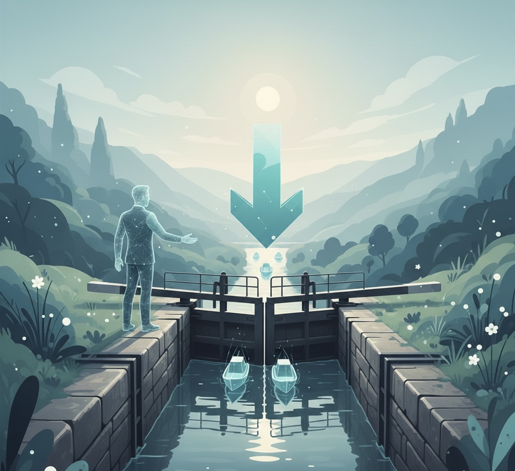 Eine stilisierte Illustration in sanften Grün- und Blautönen, die eine Schleuse in einer Flusslandschaft zeigt. Im Vordergrund steht die leuchtende Silhouette eines Mannes, der auf die geöffnete Schleuse blickt, durch die zwei kleine Boote fahren. Über dem Fluss schwebt ein großer, markanter Pfeil, der nach unten zeigt. Die Szene ist eingebettet in eine hügelige Naturkulisse und symbolisiert Themen wie Steuerung, Prozessoptimierung oder das gezielte Leiten von Ressourcen.