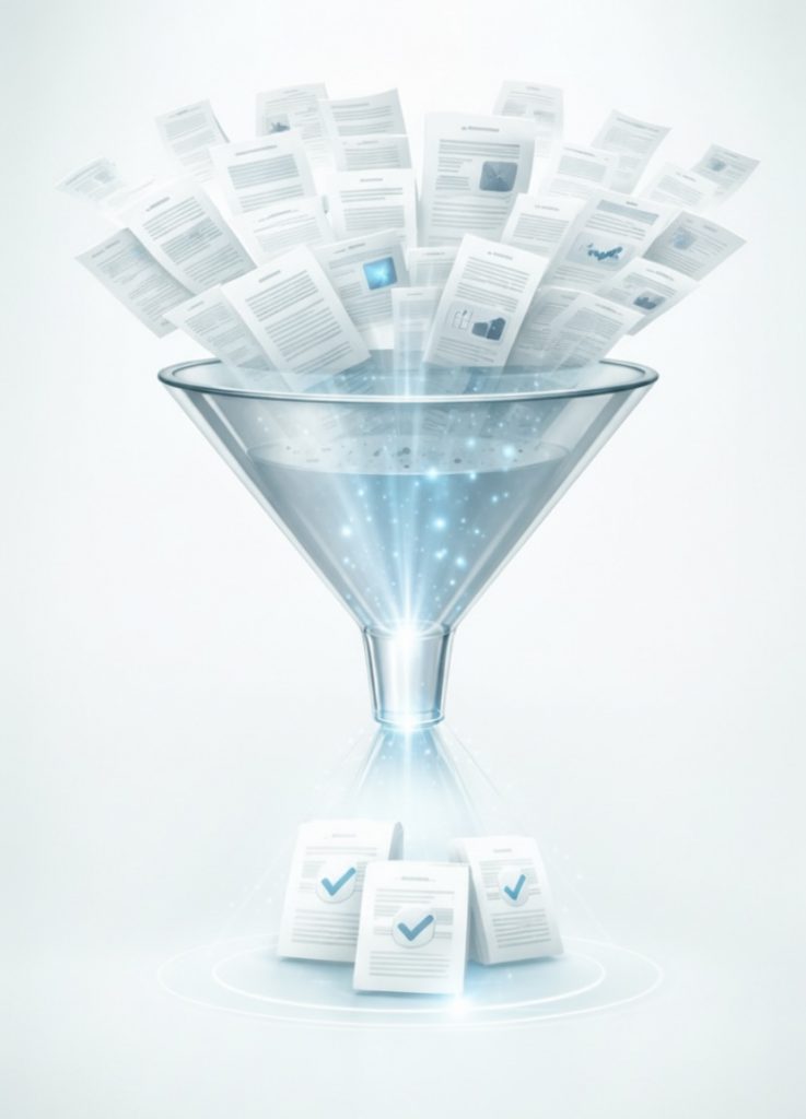 Eine grafische 3D-Illustration eines großen, gläsernen Trichters auf hellem Hintergrund. Oben strömt eine ungeordnete Menge an weißen Dokumenten und Papieren in den Trichter hinein. Im Inneren des Trichters verwandeln sich die Daten in ein leuchtendes blaues Licht mit funkelnden Partikeln. Unten kommen lediglich drei ordentlich gestapelte Dokumente heraus, die jeweils mit einem blauen Häkchen-Symbol versehen sind. Das Bild symbolisiert die effiziente Filterung, Validierung und Aufbereitung von Informationen.