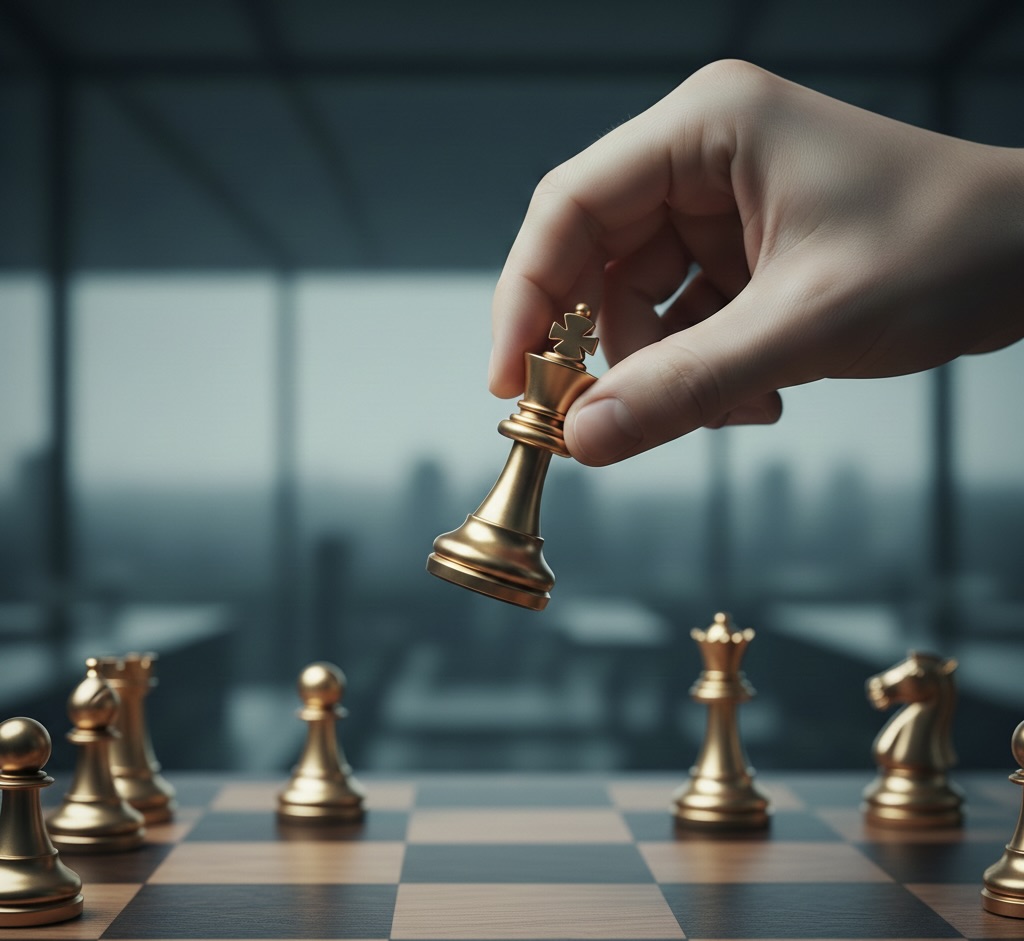 Eine Nahaufnahme einer menschlichen Hand, die eine goldene Schachfigur (den König) über ein Schachbrett führt. Das Spielfeld ist mit weiteren goldenen Figuren wie Dame, Springer und Bauern besetzt. Der Hintergrund ist in kühlen, dunklen Tönen gehalten und zeigt verschwommen die Silhouette einer modernen Büroumgebung oder Stadtlandschaft. Das Bild dient als Metapher für Strategie, kluge Entscheidungsfindung und Leadership.