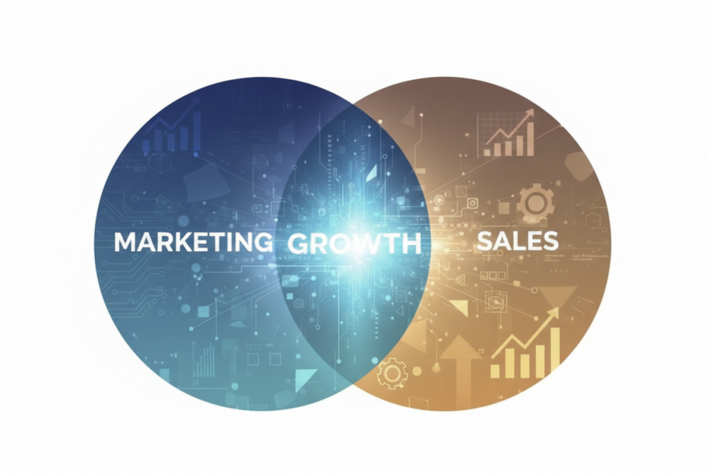 Eine Grafik auf weißem Hintergrund zeigt zwei überlappende Kreise, die mit technischen Symbolen wie Daten-Charts und Zahnrädern gefüllt sind. Im linken, blauen Bereich steht „MARKETING“, im rechten, kupferfarbenen Bereich „SALES“. Die leuchtende Schnittmenge in der Mitte trägt den Schriftzug „GROWTH“.