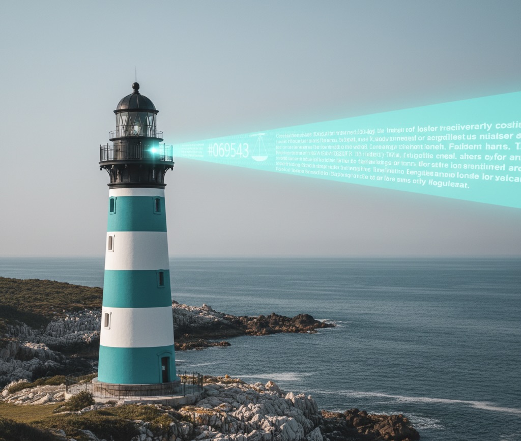 Eine fotorealistische Darstellung eines Leuchtturms an einer felsigen Küste vor ruhigem Meer. Der Leuchtturm ist weiß-türkis gestreift und sendet statt eines normalen Lichtstrahls einen breiten, türkisfarbenen Lichtkegel aus digitalen Daten aus. In diesem Lichtstrahl sind Textfragmente, Zahlencodes und ein Waage-Symbol erkennbar. Das Bild dient als Metapher für Orientierung und Klarheit in der digitalen Datenwelt.